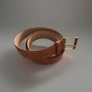 Leone Genuine Ostrich Belt Men's 40 Inch Cognac Quill Pattern Gold Tone